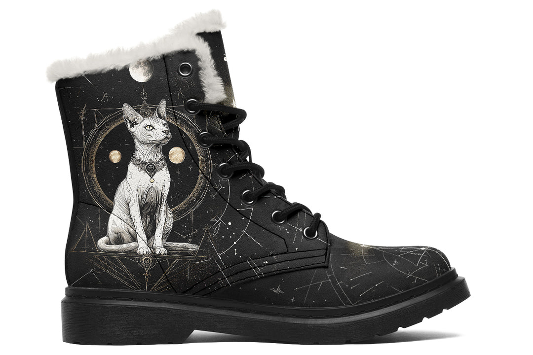 Cosmic Sphynx Cat Winter Boots - Warm Micro-Suede Doc-Style Boots Lined with Vegan Wool