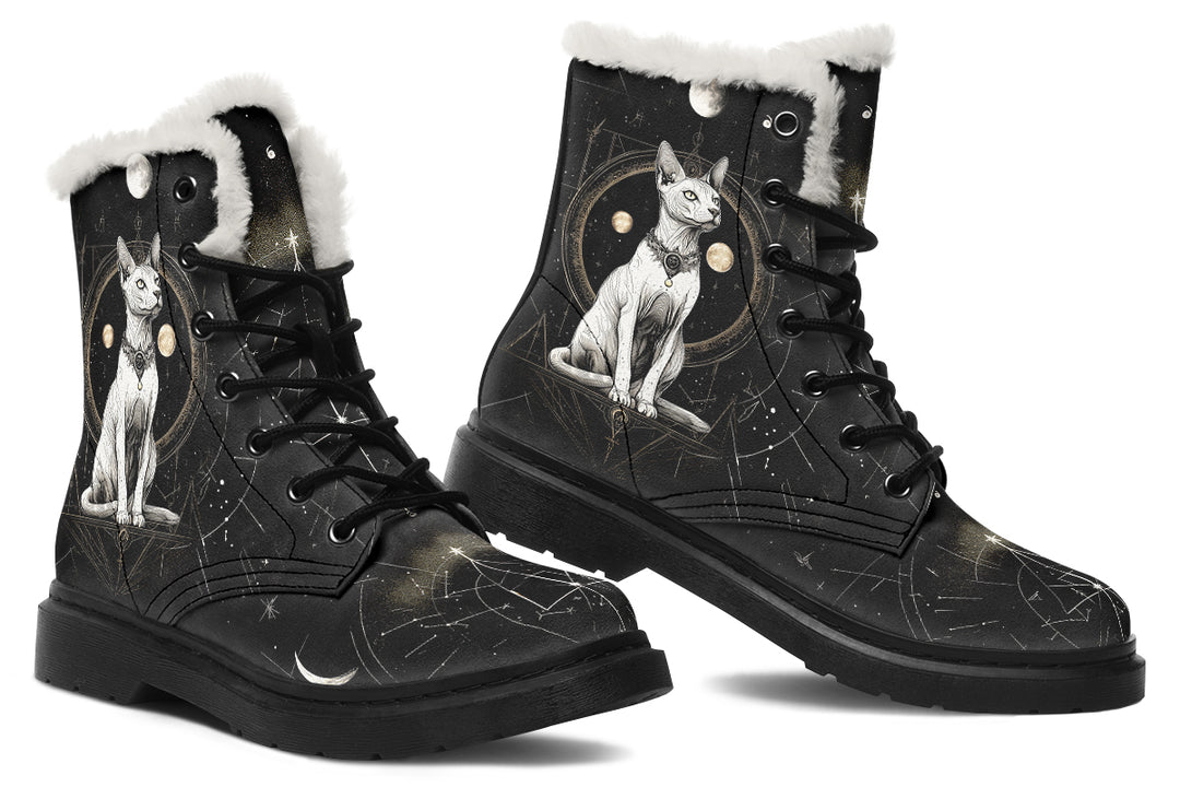 Cosmic Sphynx Cat Winter Boots - Warm Micro-Suede Doc-Style Boots Lined with Vegan Wool