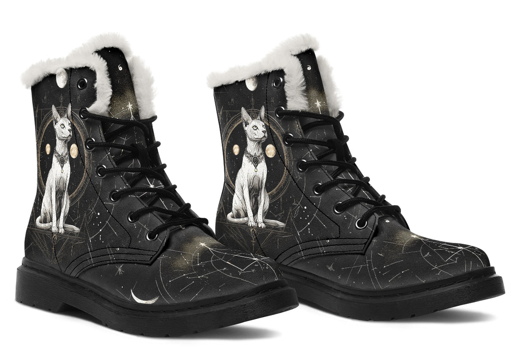 Cosmic Sphynx Cat Winter Boots - Warm Micro-Suede Doc-Style Boots Lined with Vegan Wool