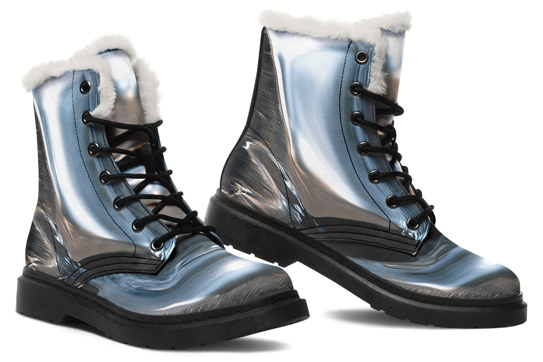 Crushed Chrome Winter Boots - Warm Micro-Suede Doc-Style Boots Lined with Vegan Wool