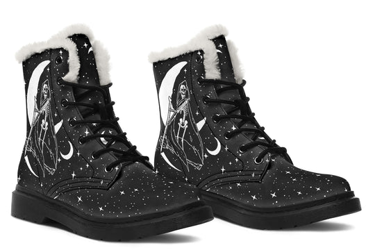 Death Tarot Winter Boots - Warm Micro-Suede Doc-Style Boots Lined with Vegan Wool