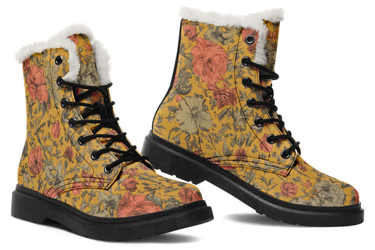 Gold Vintage Peonies Winter Boots