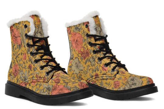 Gold Vintage Peonies Winter Boots