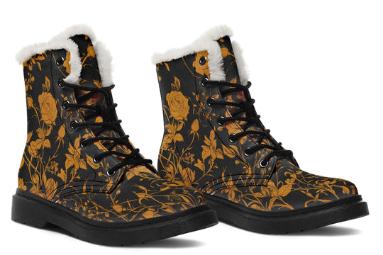 Golden Rose Romance Winter Boots - Warm Micro-Suede Doc-Style Boots Lined with Vegan Wool