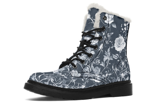 Grey Rose Romance Winter Boots - Warm Micro-Suede Doc-Style Boots Lined with Vegan Wool