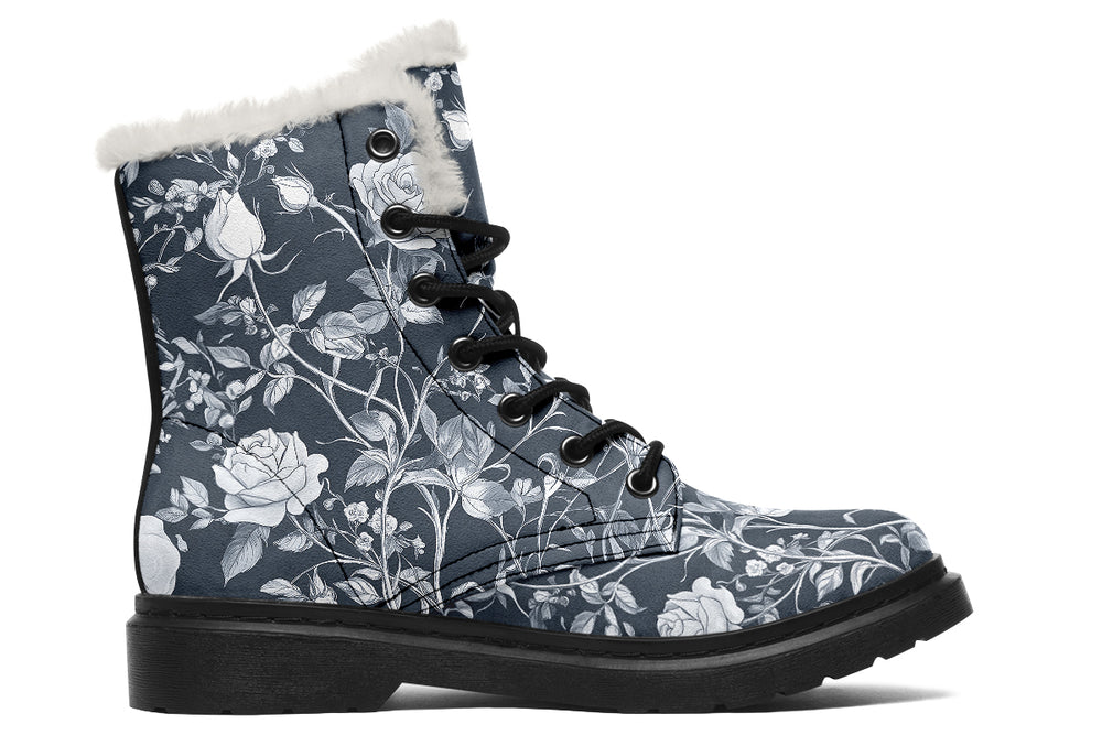 Grey Rose Romance Winter Boots - Warm Micro-Suede Doc-Style Boots Lined with Vegan Wool