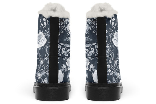 Grey Rose Romance Winter Boots - Warm Micro-Suede Doc-Style Boots Lined with Vegan Wool