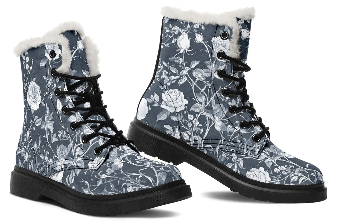 Grey Rose Romance Winter Boots - Warm Micro-Suede Doc-Style Boots Lined with Vegan Wool