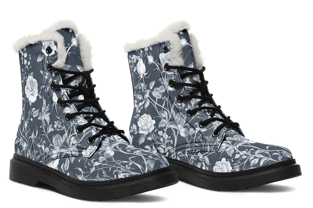 Grey Rose Romance Winter Boots - Warm Micro-Suede Doc-Style Boots Lined with Vegan Wool