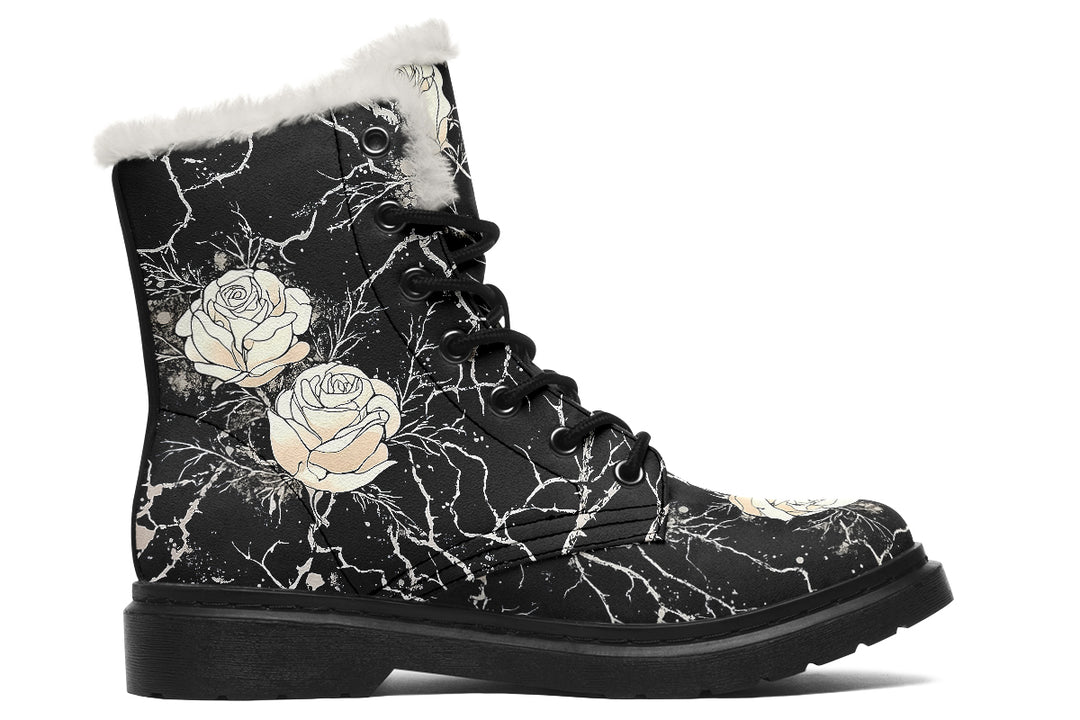 Ivory Kintsugi Rose Winter Boots - Warm Micro-Suede Doc-Style Boots Lined with Vegan Wool