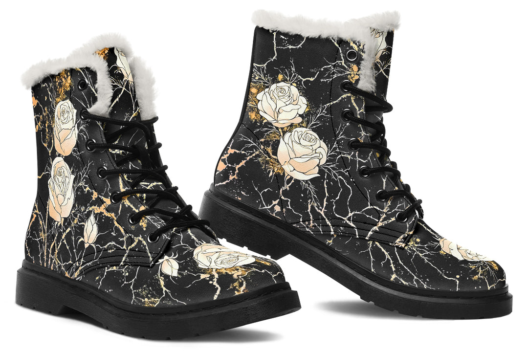 Kintsugi Rose Winter Boots - Warm Micro-Suede Doc-Style Boots Lined with Vegan Wool