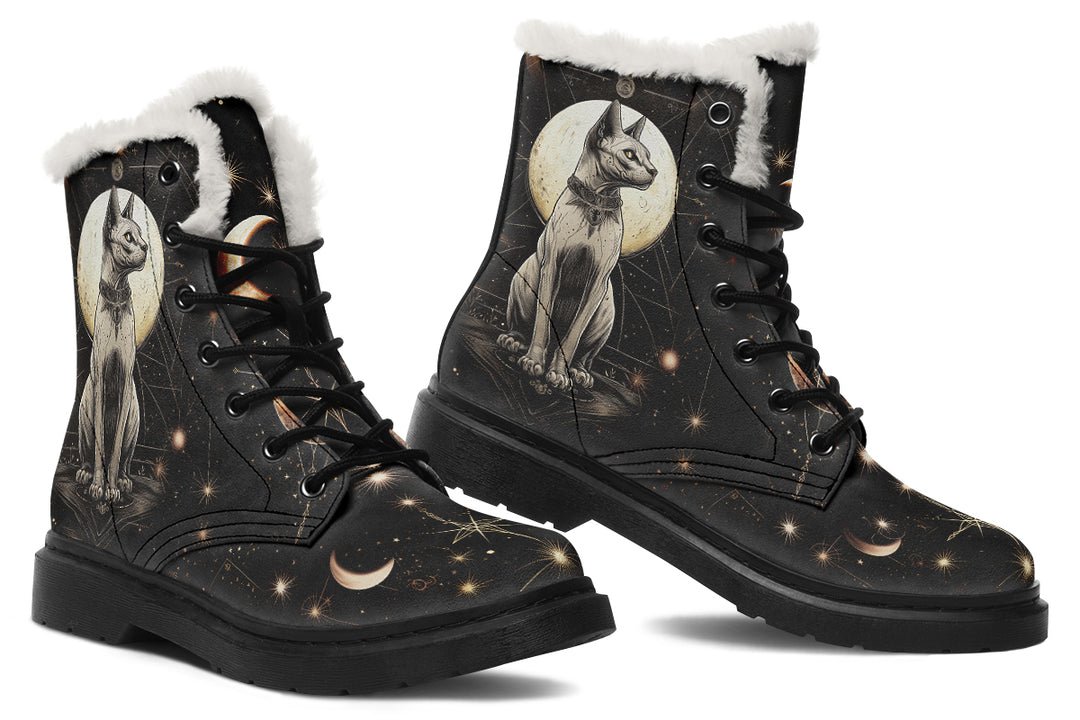 Lunar Sphynx Cat Winter Boots - Warm Micro-Suede Doc-Style Boots Lined with Vegan Wool