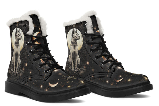 Lunar Sphynx Cat Winter Boots - Warm Micro-Suede Doc-Style Boots Lined with Vegan Wool