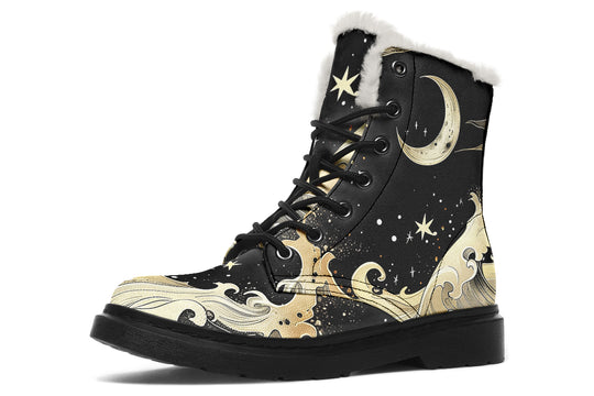 Lunar Tide Winter Boots - Witchy Style Boots Durable Nylon Synthetic Wool Lined Water Resistant Vibrant Print