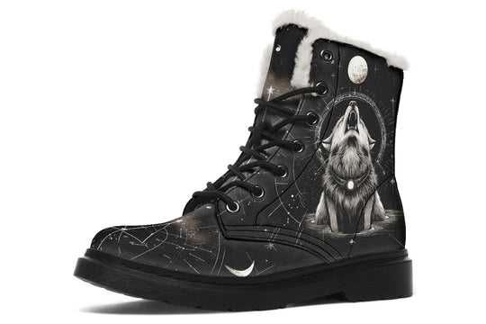 Moonbound Wolf Winter Boots - Warm Micro-Suede Doc-Style Boots Lined with Vegan Wool