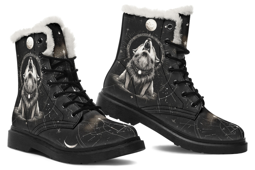 Moonbound Wolf Winter Boots - Warm Micro-Suede Doc-Style Boots Lined with Vegan Wool