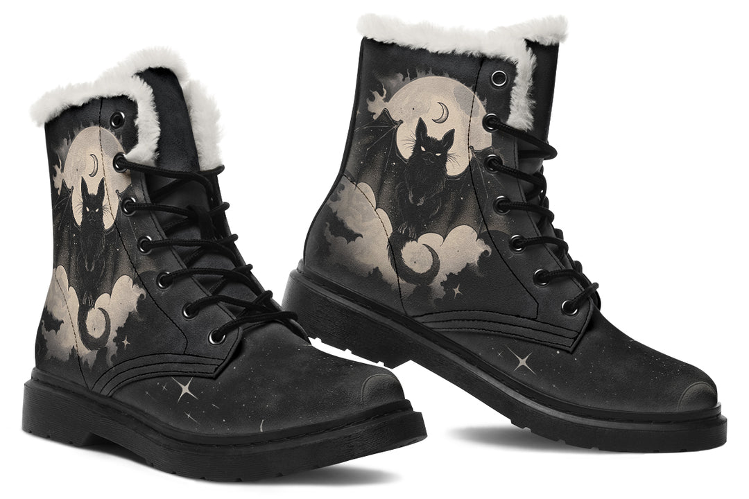 Moonlit Bat Winter Boots - Warm Micro-Suede Doc-Style Boots Lined with Vegan Wool