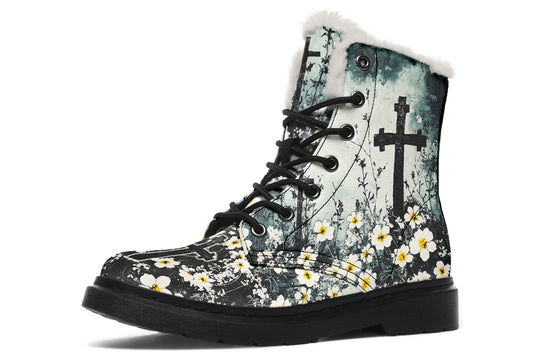 Mourning Petals Winter Boots - Warm Micro-Suede Doc-Style Boots Lined with Vegan Wool