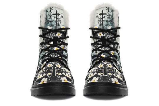 Mourning Petals Winter Boots - Warm Micro-Suede Doc-Style Boots Lined with Vegan Wool