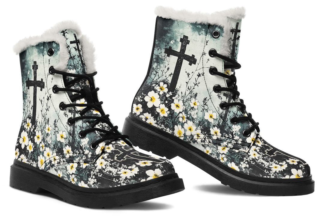 Mourning Petals Winter Boots - Warm Micro-Suede Doc-Style Boots Lined with Vegan Wool