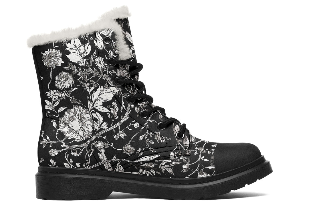 Noir Bouquet Winter Boots - Warm Micro-Suede Doc-Style Boots Lined with Vegan Wool