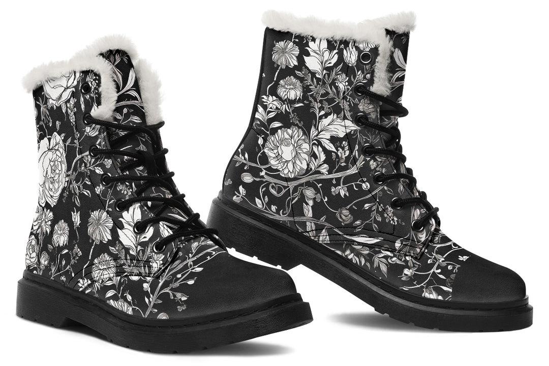 Noir Bouquet Winter Boots - Warm Micro-Suede Doc-Style Boots Lined with Vegan Wool