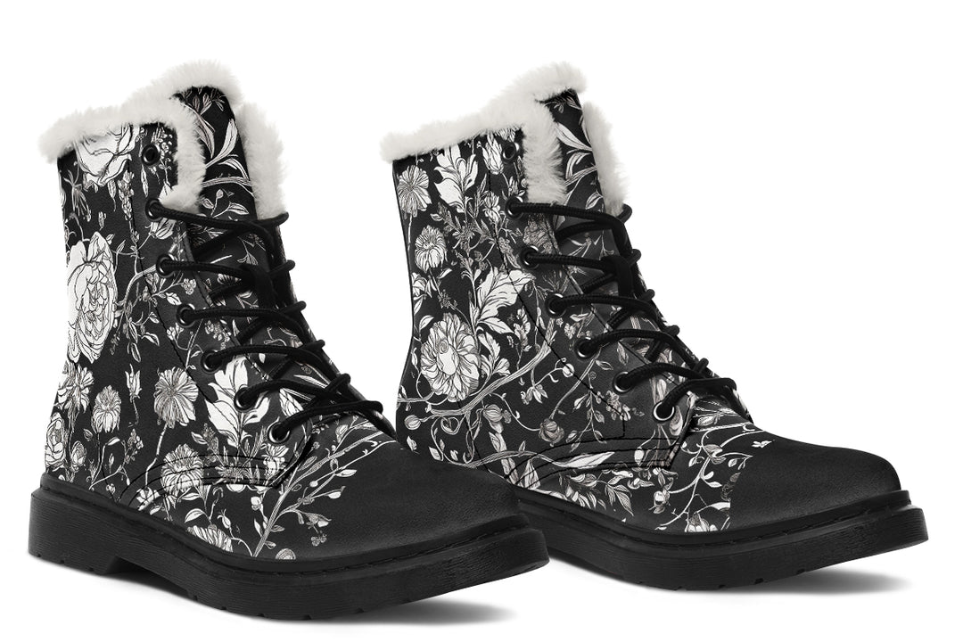 Noir Bouquet Winter Boots - Warm Micro-Suede Doc-Style Boots Lined with Vegan Wool