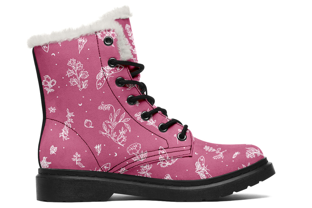 Pink Nightshade Winter Boots - Warm Micro-Suede Doc-Style Boots Lined with Vegan Wool