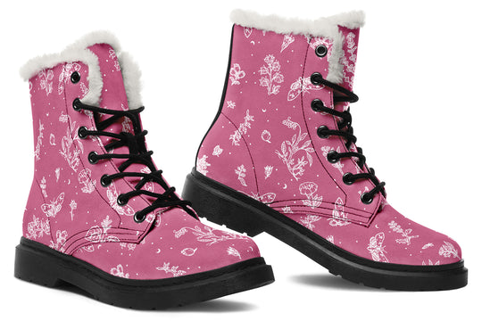 Pink Nightshade Winter Boots - Warm Micro-Suede Doc-Style Boots Lined with Vegan Wool