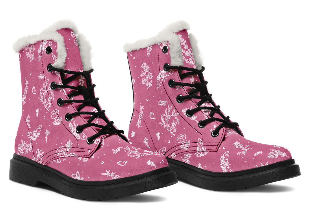 Pink Nightshade Winter Boots - Warm Micro-Suede Doc-Style Boots Lined with Vegan Wool