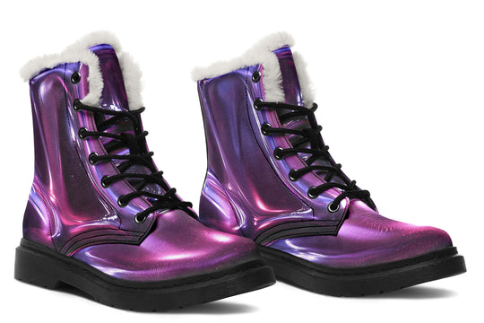 Purple Chrome Winter Boots - Warm Micro-Suede Doc-Style Boots Lined with Vegan Wool