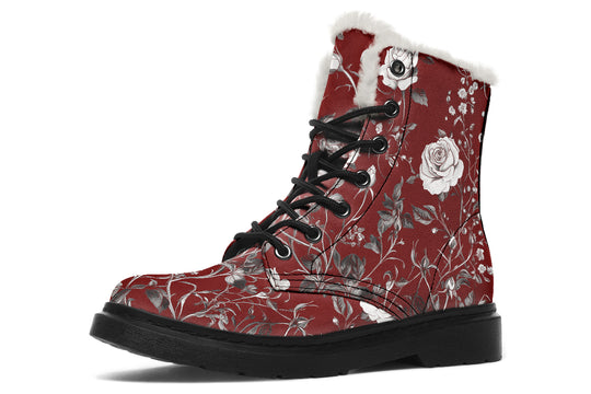 Red Rose Romance Winter Boots - Warm Micro-Suede Doc-Style Boots Lined with Vegan Wool