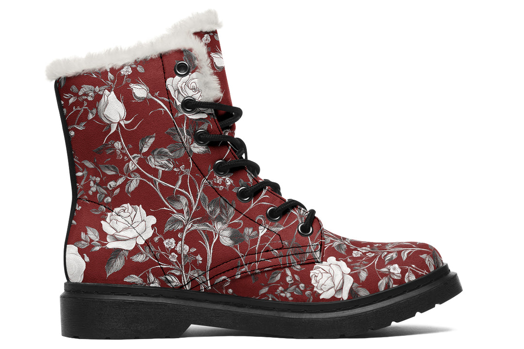 Red Rose Romance Winter Boots - Warm Micro-Suede Doc-Style Boots Lined with Vegan Wool