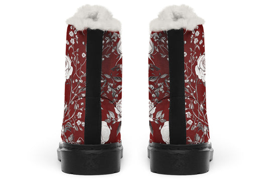 Red Rose Romance Winter Boots - Warm Micro-Suede Doc-Style Boots Lined with Vegan Wool