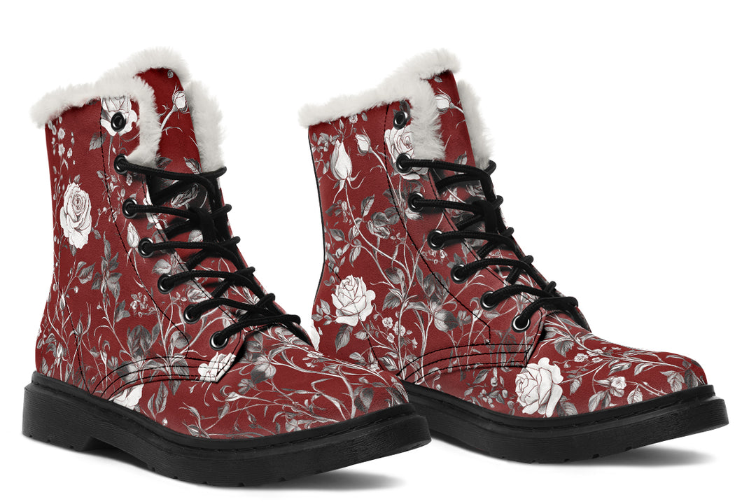 Red Rose Romance Winter Boots - Warm Micro-Suede Doc-Style Boots Lined with Vegan Wool