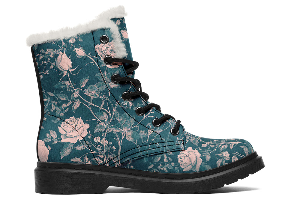 Teal Rose Romance Winter Boots - Warm Micro-Suede Doc-Style Boots Lined with Vegan Wool