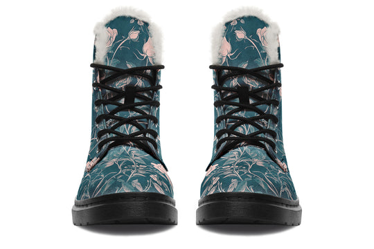 Teal Rose Romance Winter Boots - Warm Micro-Suede Doc-Style Boots Lined with Vegan Wool