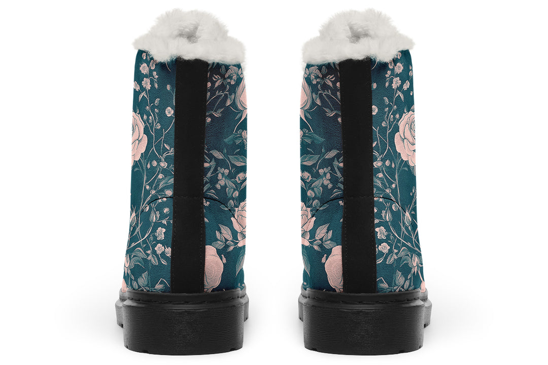 Teal Rose Romance Winter Boots - Warm Micro-Suede Doc-Style Boots Lined with Vegan Wool