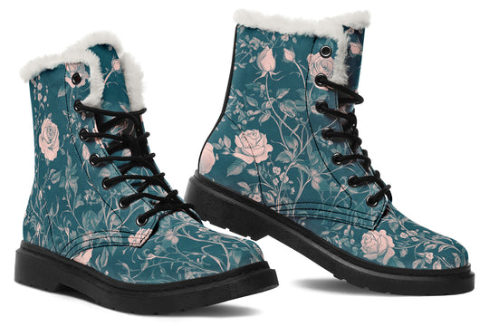 Teal Rose Romance Winter Boots - Warm Micro-Suede Doc-Style Boots Lined with Vegan Wool