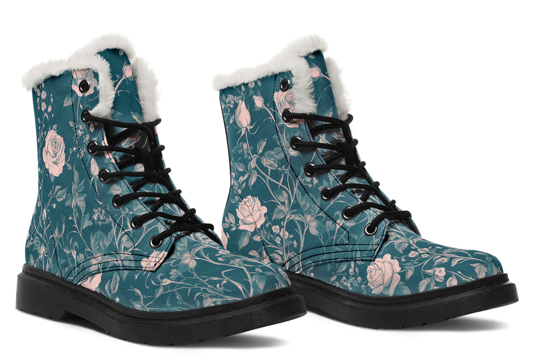 Teal Rose Romance Winter Boots - Warm Micro-Suede Doc-Style Boots Lined with Vegan Wool