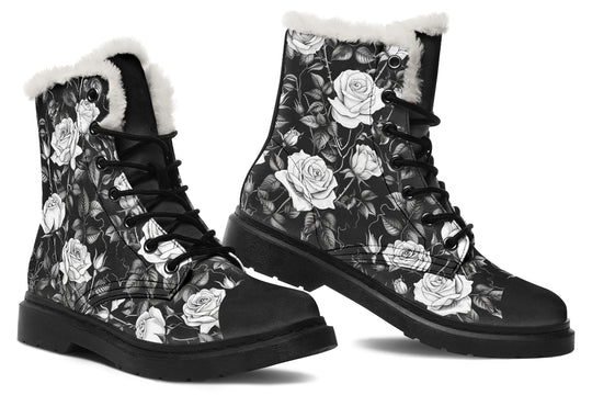 Veil of Roses Winter Boots - Warm Micro-Suede Doc-Style Boots Lined with Vegan Wool