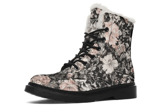 Vintage Peonies Winter Boots - Warm Micro-Suede Doc-Style Boots Lined with Vegan Wool