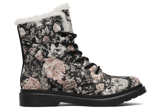 Vintage Peonies Winter Boots - Warm Micro-Suede Doc-Style Boots Lined with Vegan Wool