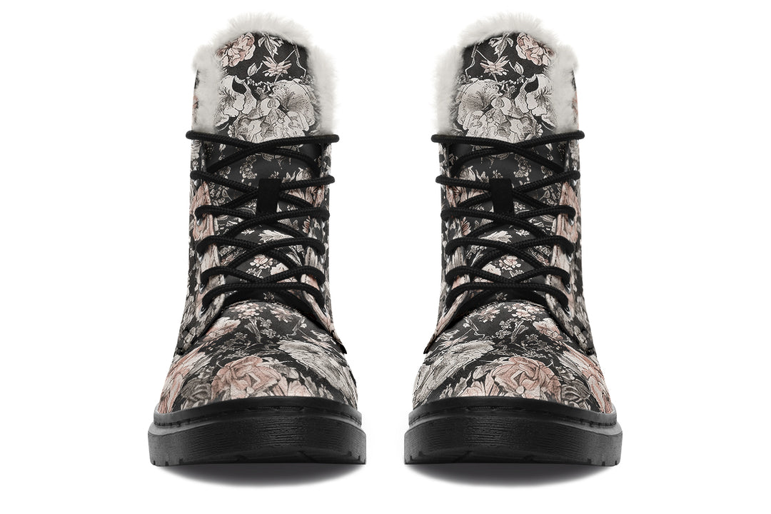 Vintage Peonies Winter Boots - Warm Micro-Suede Doc-Style Boots Lined with Vegan Wool