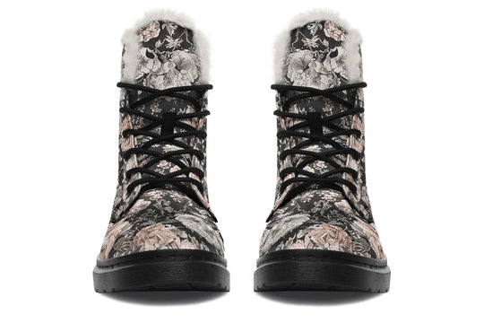 Vintage Peonies Winter Boots - Warm Micro-Suede Doc-Style Boots Lined with Vegan Wool