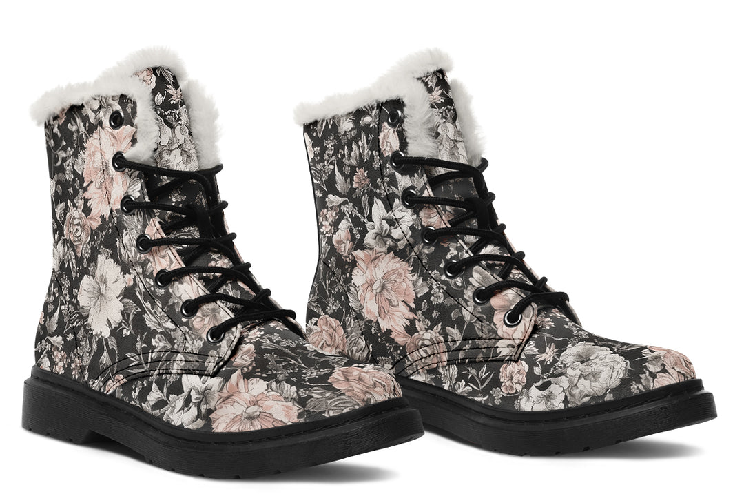 Vintage Peonies Winter Boots - Warm Micro-Suede Doc-Style Boots Lined with Vegan Wool