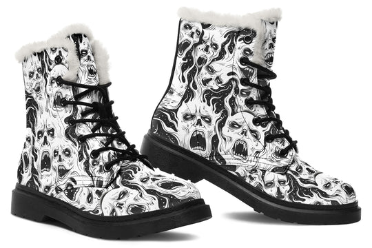 White Torment Winter Boots - Warm Micro-Suede Doc-Style Boots Lined with Vegan Wool