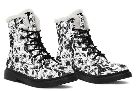 White Torment Winter Boots - Warm Micro-Suede Doc-Style Boots Lined with Vegan Wool