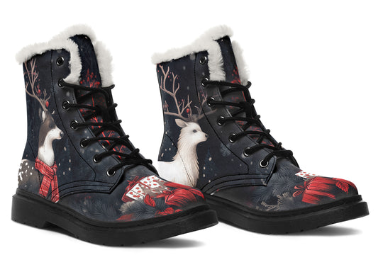 Yule Antlers Winter Boots - Warm Micro-Suede Doc-Style Boots Lined with Vegan Wool