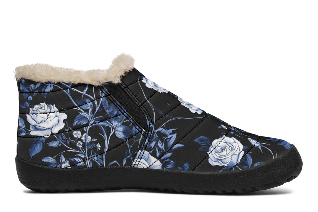 Blue Rose Romance Winter Sneakers - Warm & Easy Slip-On Shoes Lined with Vegan Wool with Anti-Slip Soles